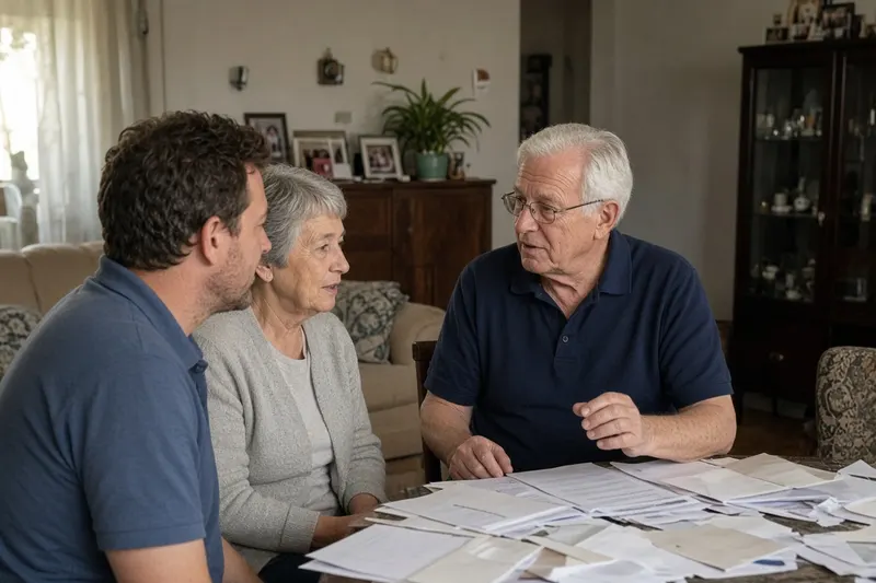 Homeowners talking through a cash offer with a home buyer at their dining table